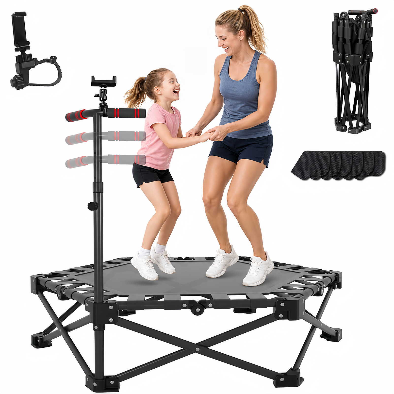 ARVIVO 42" Foldable Mini Trampoline , Silent Indoor Fitness Rebounder with Detachable Phone Holder,All-Steel Frame & 3-Level Adjustable Handle, for Kids & Adults Workout, 330 lbs Weight Capacity