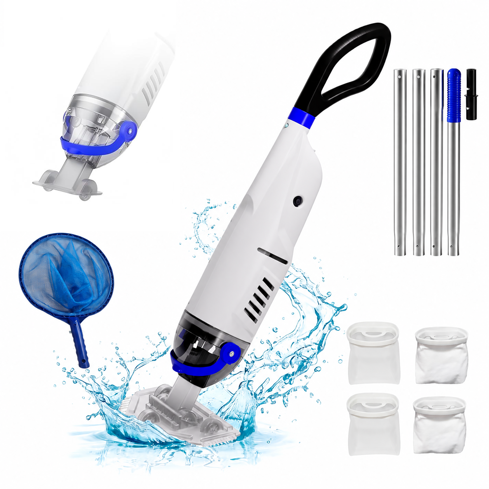 ARVIVO Upgraded Cordless Pool Vacuum&Dual Heads, 60-Min Runtime, Rechargeable Handheld Cleaner for Pools up to 116in, White