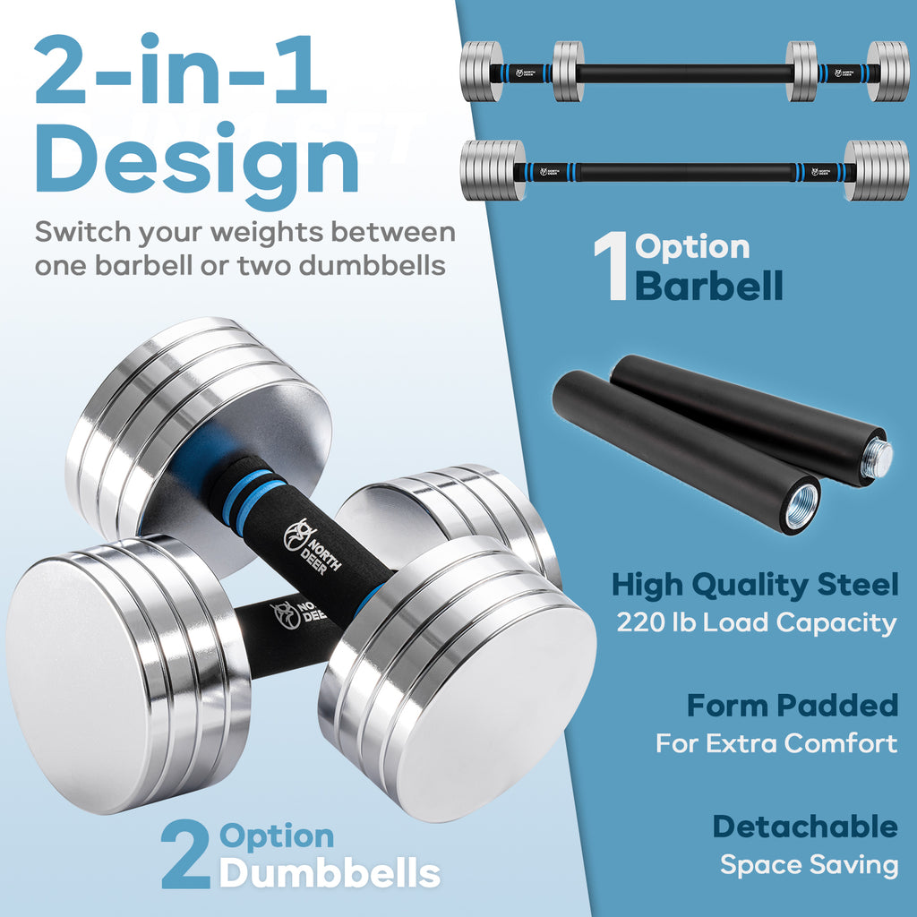 ARVIVO 2pcs V2.0 Upgraded Adjustable Steel Dumbbells 2-in-1 Dumbbell Barbell Set for Home GYM Workout 15lbs/20lbs/30lbs Silver/Black