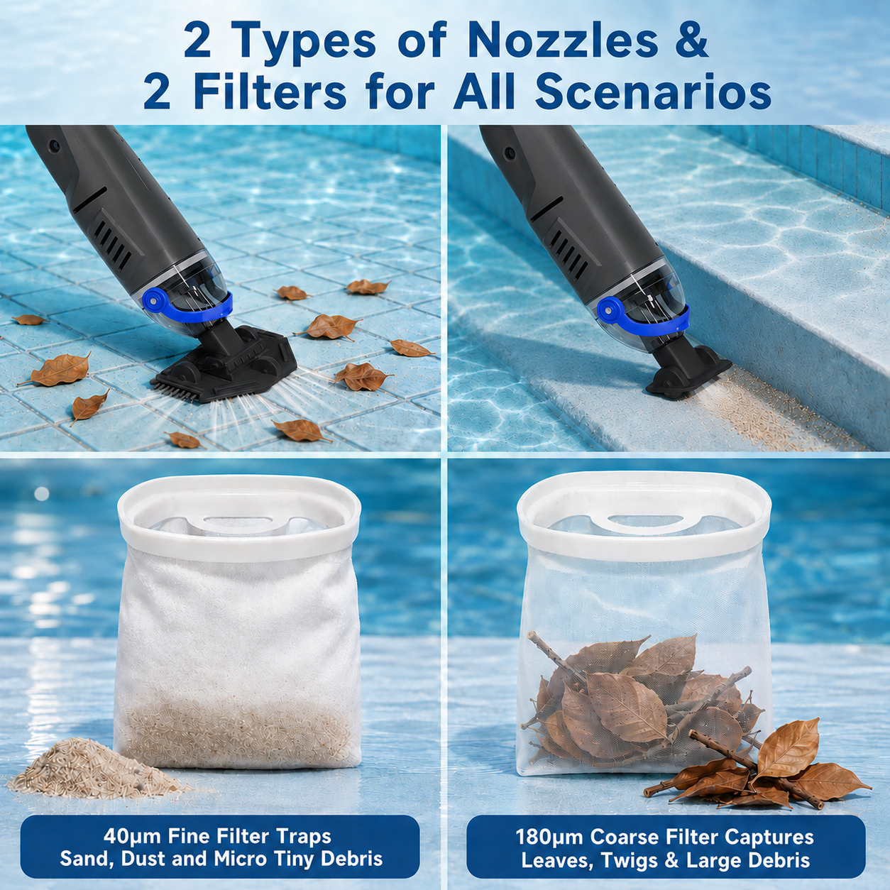 ARVIVO Upgraded Cordless Pool Vacuum&Dual Heads, 60-Min Runtime, Rechargeable Handheld Cleaner for Pools up to 116in, Gray