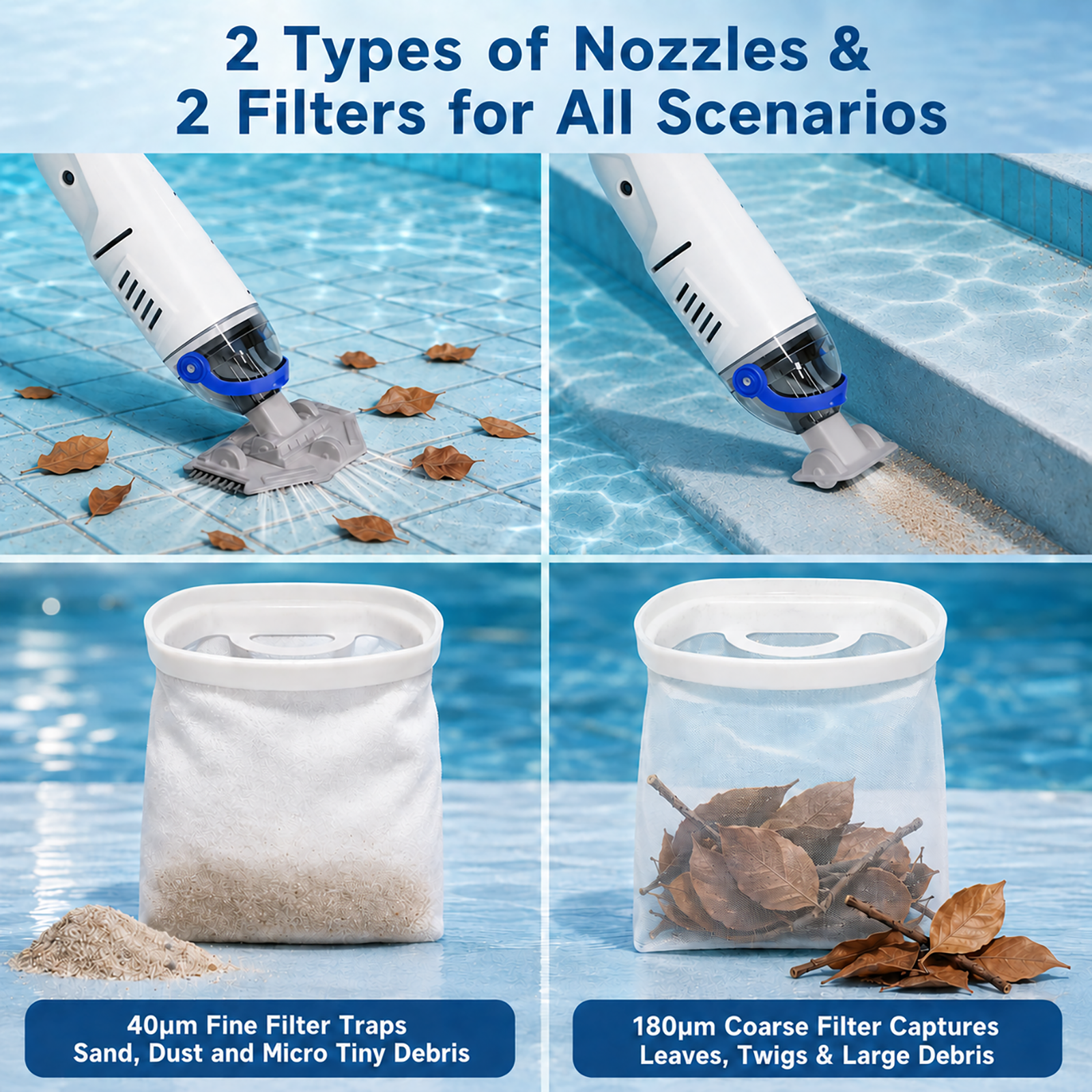 ARVIVO Upgraded Cordless Pool Vacuum&Dual Heads, 60-Min Runtime, Rechargeable Handheld Cleaner for Pools up to 116in, White