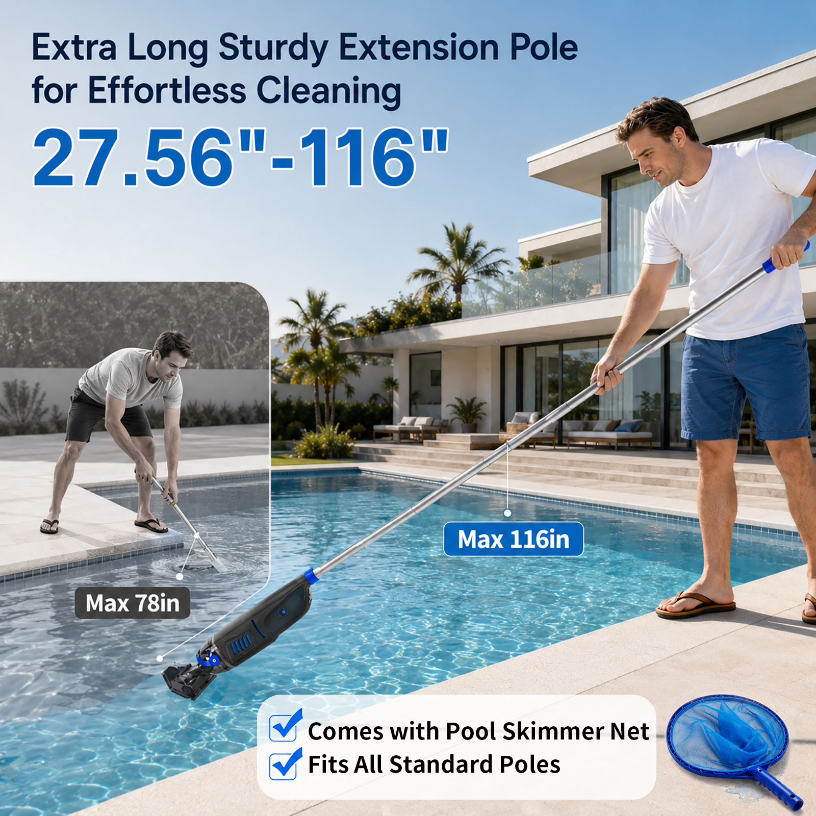 ARVIVO Upgraded Cordless Pool Vacuum&Dual Heads, 60-Min Runtime, Rechargeable Handheld Cleaner for Pools up to 116in, Gray