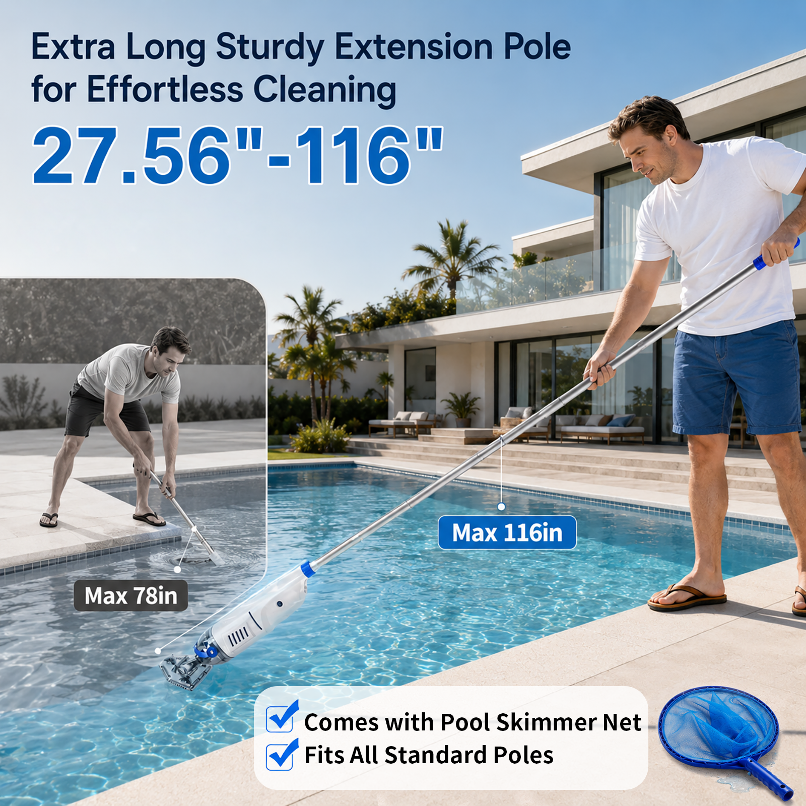 ARVIVO Upgraded Cordless Pool Vacuum&Dual Heads, 60-Min Runtime, Rechargeable Handheld Cleaner for Pools up to 116in, White