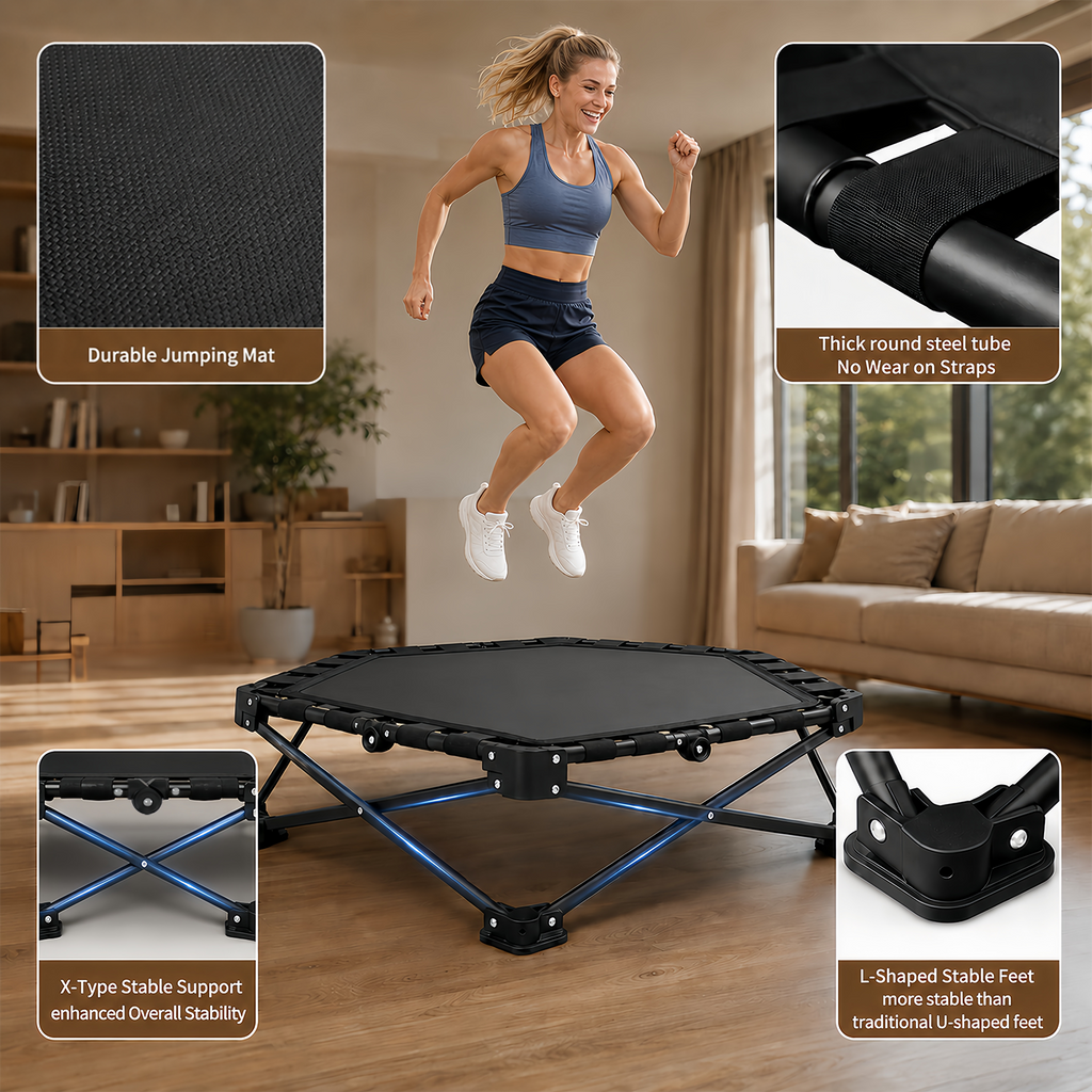 ARVIVO 42" Foldable Mini Trampoline , Silent Indoor Fitness Rebounder with Detachable Phone Holder,All-Steel Frame & 3-Level Adjustable Handle, for Kids & Adults Workout, 330 lbs Weight Capacity
