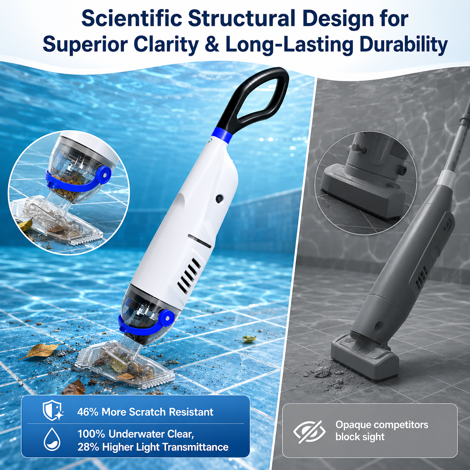 ARVIVO Upgraded Cordless Pool Vacuum&Dual Heads, 60-Min Runtime, Rechargeable Handheld Cleaner for Pools up to 116in, White