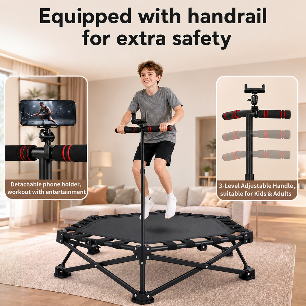 ARVIVO 42" Foldable Mini Trampoline , Silent Indoor Fitness Rebounder with Detachable Phone Holder,All-Steel Frame & 3-Level Adjustable Handle, for Kids & Adults Workout, 330 lbs Weight Capacity