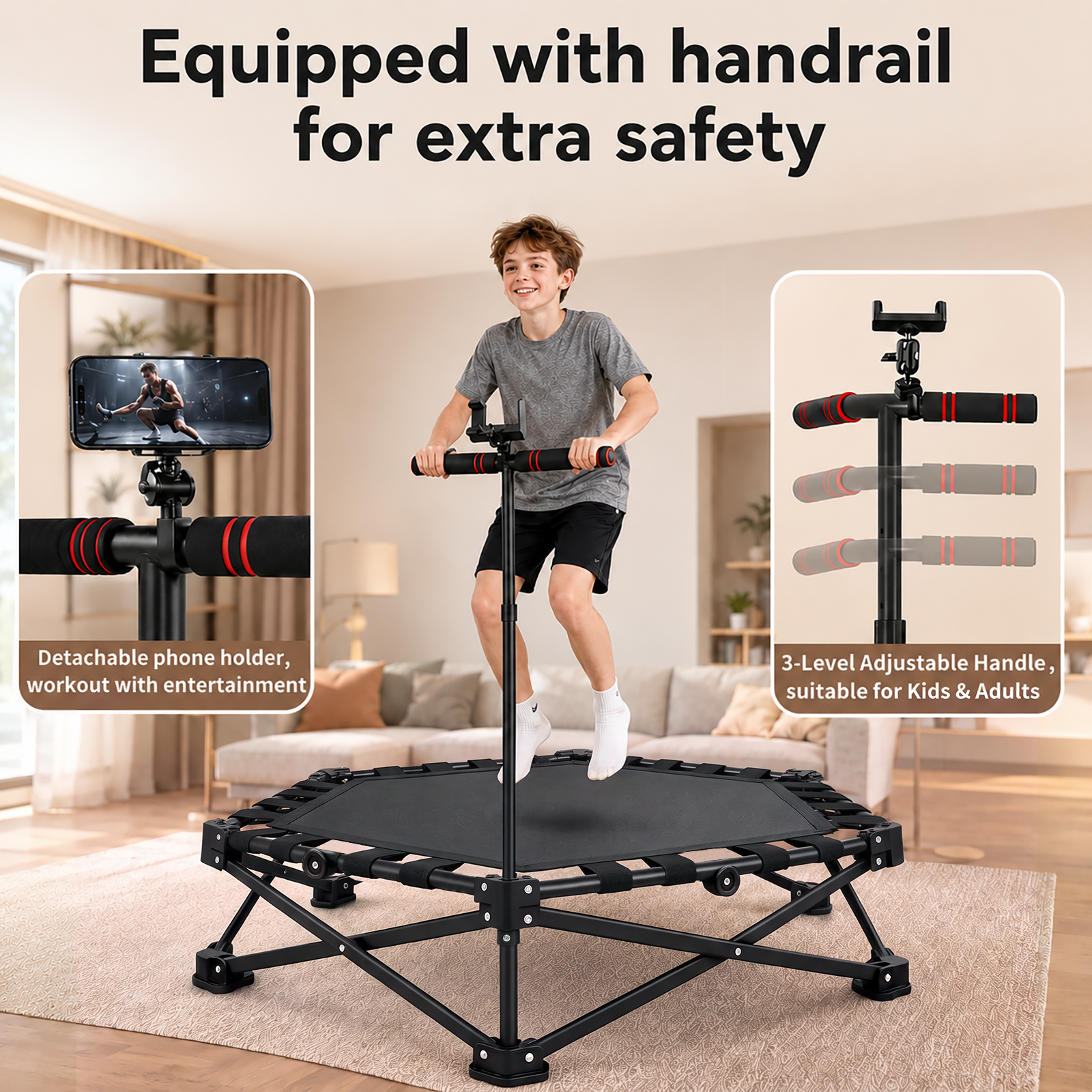 ARVIVO 42" Foldable Mini Trampoline , Silent Indoor Fitness Rebounder with Detachable Phone Holder,All-Steel Frame & 3-Level Adjustable Handle, for Kids & Adults Workout, 330 lbs Weight Capacity