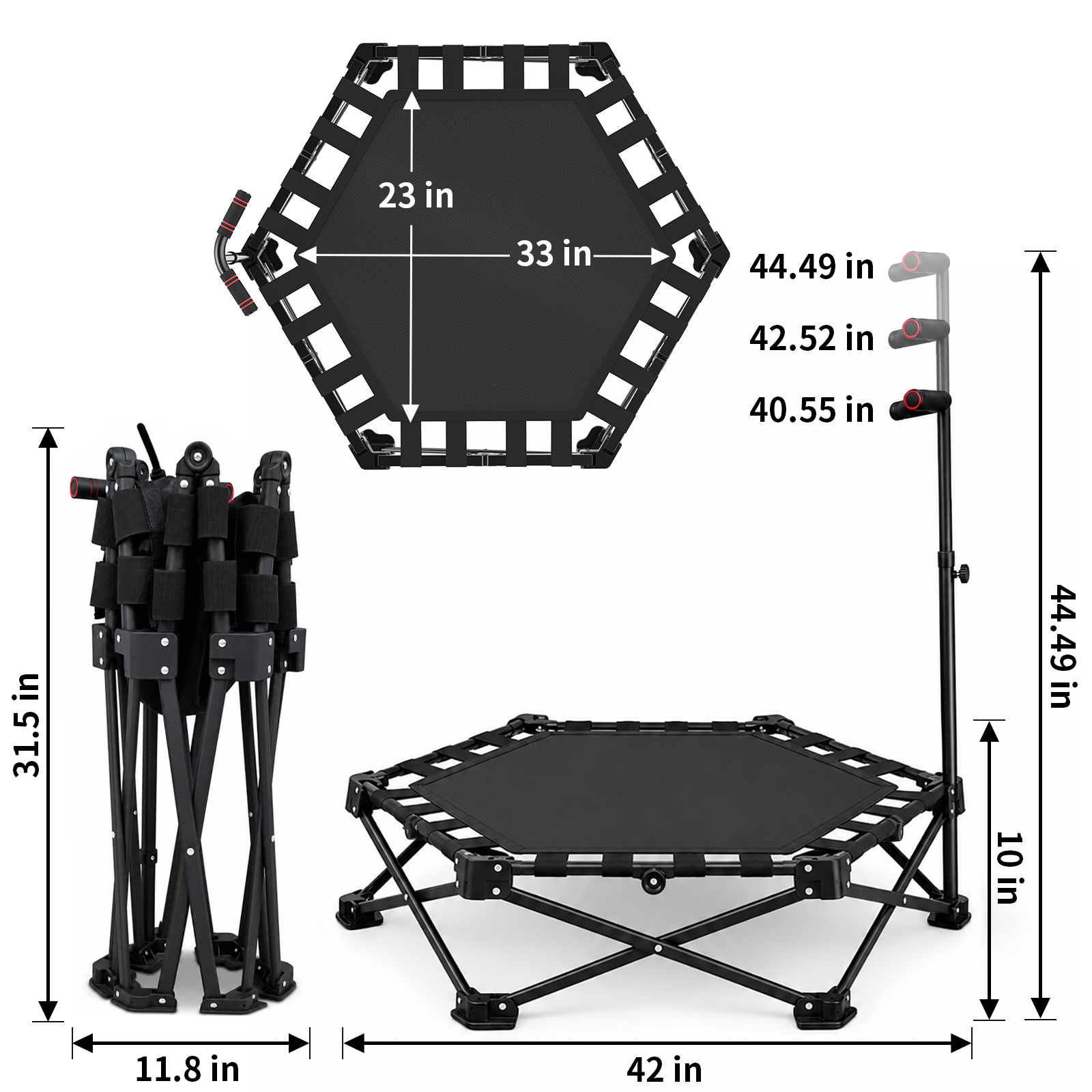 ARVIVO 42" Foldable Mini Trampoline , Silent Indoor Fitness Rebounder with Detachable Phone Holder,All-Steel Frame & 3-Level Adjustable Handle, for Kids & Adults Workout, 330 lbs Weight Capacity