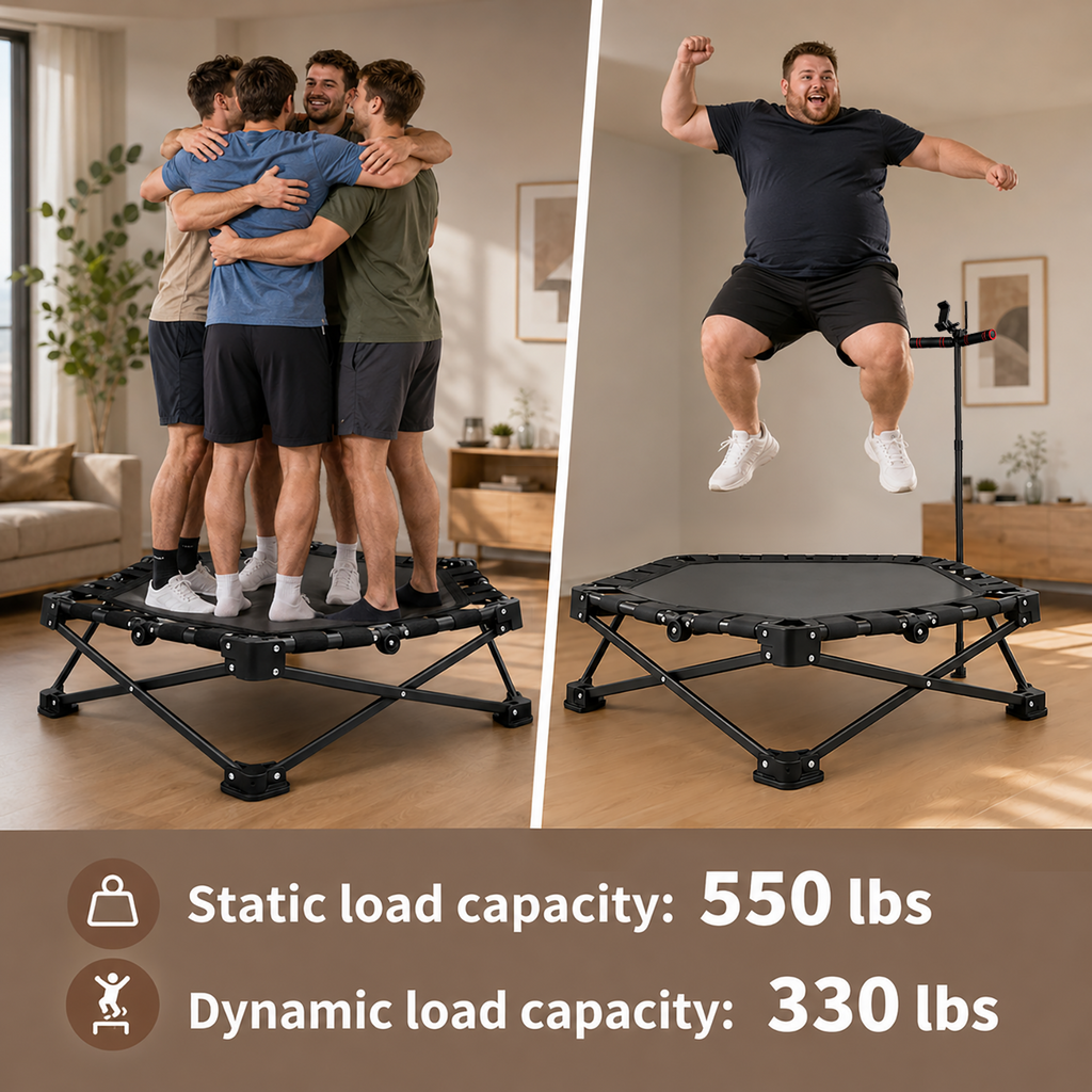 ARVIVO 42" Foldable Mini Trampoline , Silent Indoor Fitness Rebounder with Detachable Phone Holder,All-Steel Frame & 3-Level Adjustable Handle, for Kids & Adults Workout, 330 lbs Weight Capacity