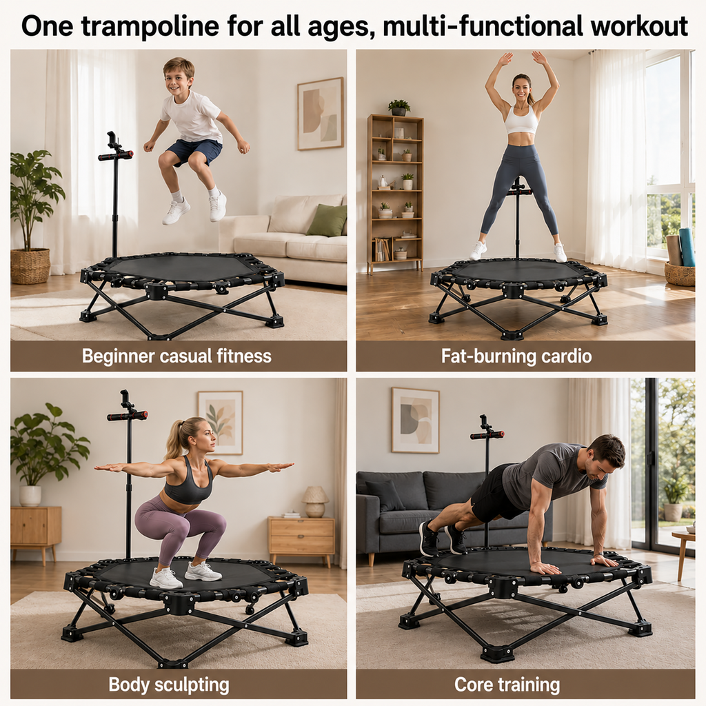 ARVIVO 42" Foldable Mini Trampoline , Silent Indoor Fitness Rebounder with Detachable Phone Holder,All-Steel Frame & 3-Level Adjustable Handle, for Kids & Adults Workout, 330 lbs Weight Capacity